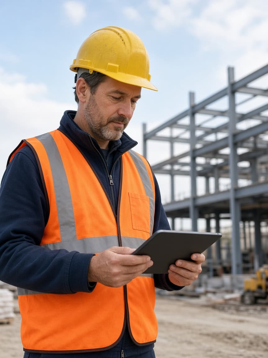 Construction worker reviewing project information on a tablet at a job site
