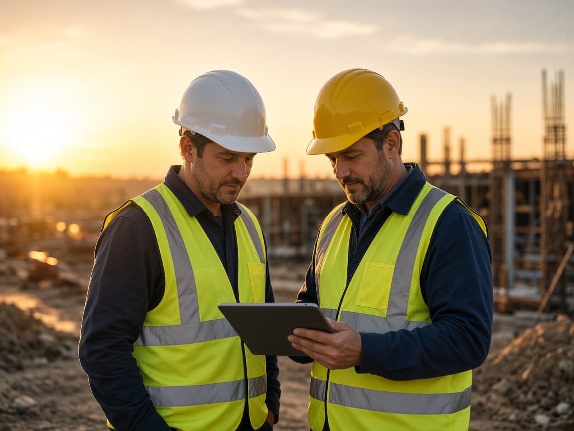 Two contractors reviewing a tablet together on a job site